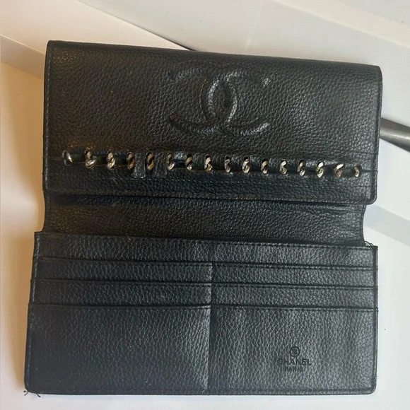 Vintage Chanel CC Logo Black Caviar Leather Wallet Designer Authentic Trifold - Picture 14 of 14